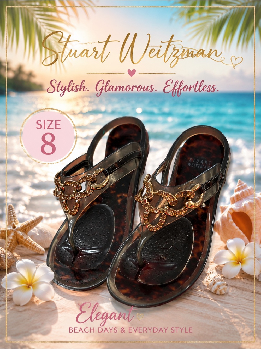 Stuart Weitzman Black Tortoise Jelly Sandals with Gold Chain Detail